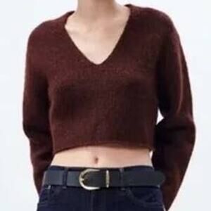Zara Women's Alpaca Wool Blend Burgundy Wine Cropped Ribbed Sweater Size Small